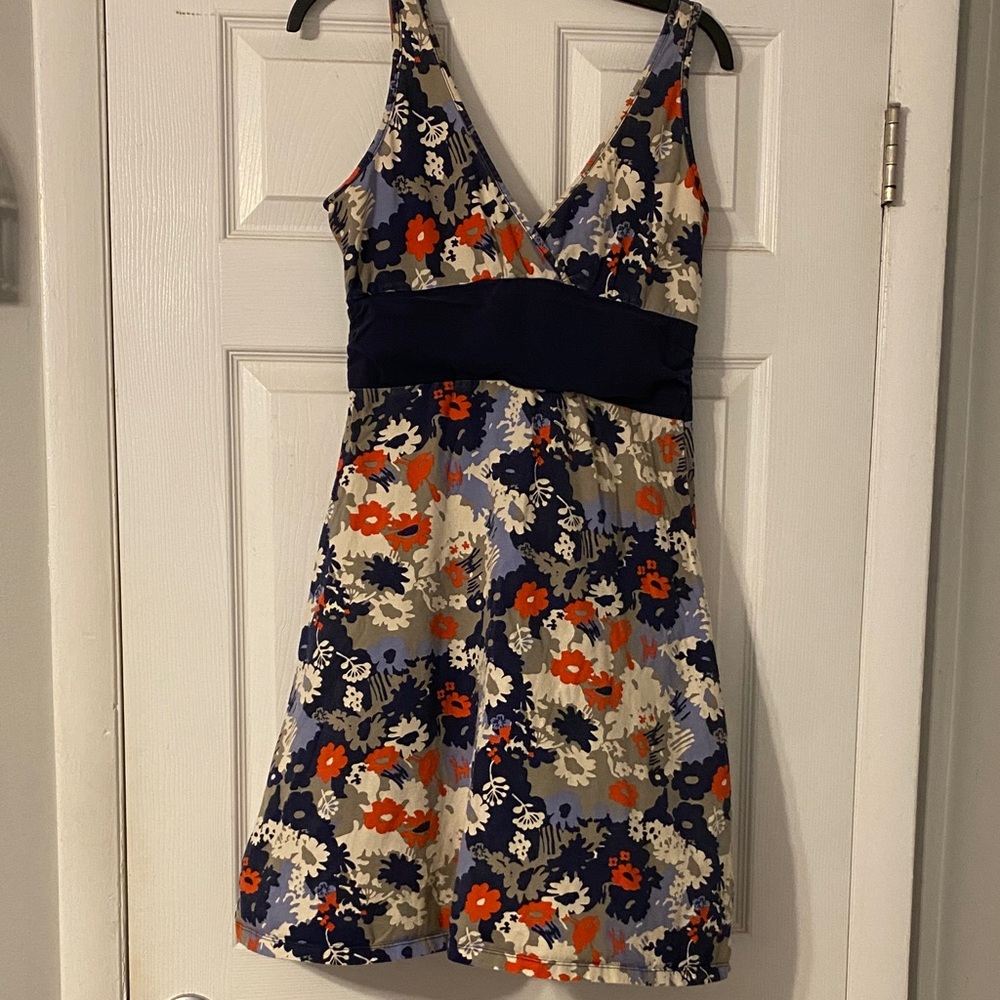 Patagonia Navy Floral V-Neck Mini Dress with Orange Accents